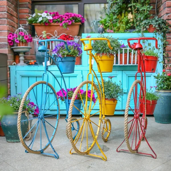 Country Retro Creative Hemp Rope Iron Bicycle Shape Flower Stand Ornaments Gardening Home Groceries Window Decoration